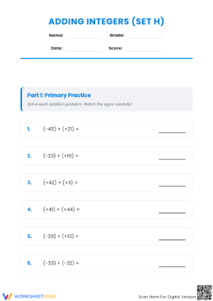 Printable Integers Addition Worksheet | Grade 5 Math