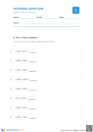 Printable Integers Addition Worksheet | Grade 5 Math