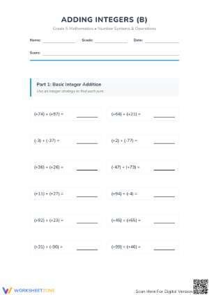 Essential Grade 5 Integer Addition Printable Worksheet