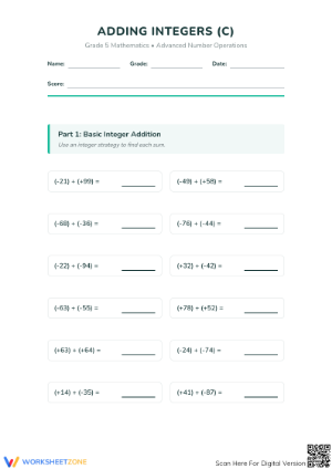 Integers Addition Worksheet | Essential Grade 5 Aligned