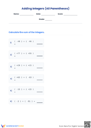 Adding Integers Printable Worksheet | Grade 5 Math Essential