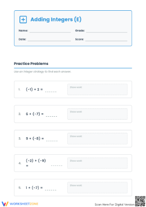Essential Adding Integers Worksheet | Grade 5 Math
