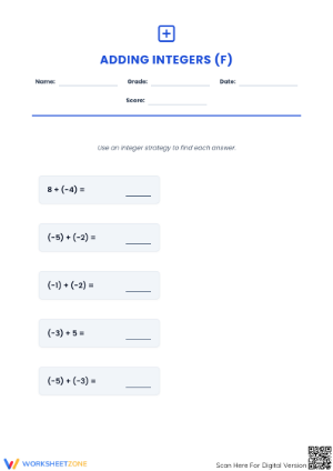 Printable Adding Integers Worksheet | Grade 5 Math