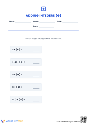 Essential Adding Integers Worksheet | Grades 6-8 Printable