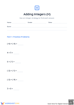Printable Adding Integers Worksheet | Grade 5 Math