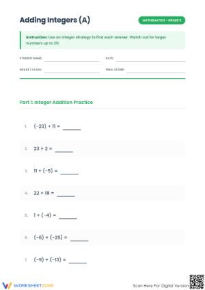 Printable Adding Integers Worksheet | Grade 5 Math