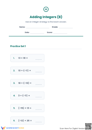 Printable Grade 5 Adding Integers with Negatives Worksheet