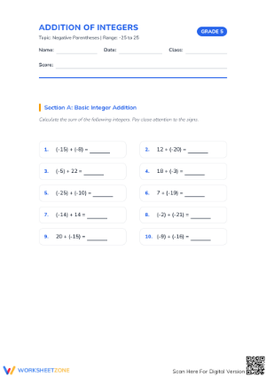 Integers Addition Printable Worksheet | Grade 5 Math