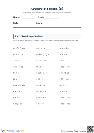 Essential Integers Addition Worksheet | Grade 7 Aligned