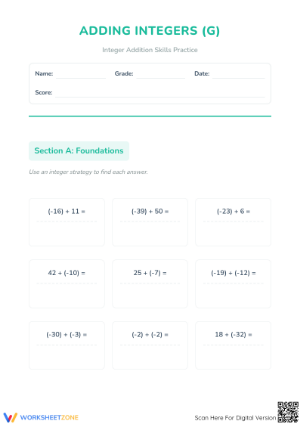 Printable Adding Integers Worksheet | Grades 5-8 Math