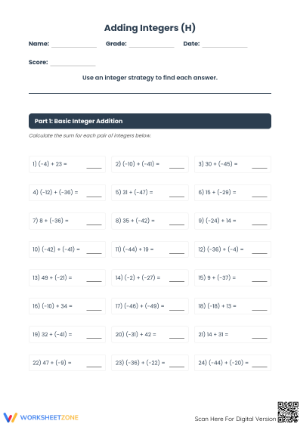 Essential Integers Addition Worksheet | Grade 7 Aligned