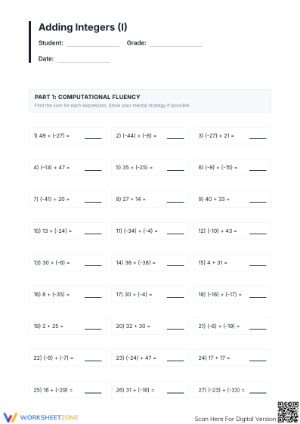 Essential Grade 7 Integer Addition Worksheet: CCSS 7.NS.A.1 Aligned