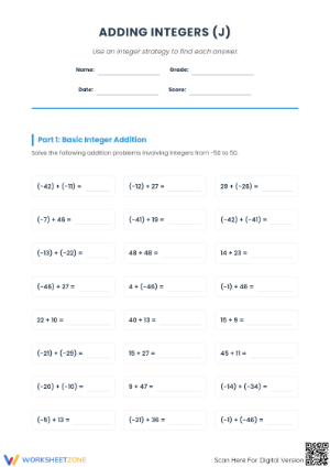 Printable Adding Integers Worksheet | Grade 7 Math