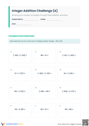 Printable Integer Addition Worksheet | Grade 7 Aligned