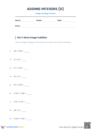 Printable Adding Integers Practice Worksheet | Grade 7 Math