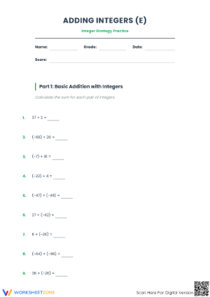 Essential Integers Addition Worksheet | Grade 6-8 Math