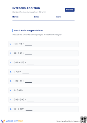 Essential Integers Addition Practice | Grade 5 Math