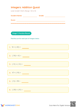 Printable Grade 5 Integer Addition Worksheet | -50 to 50