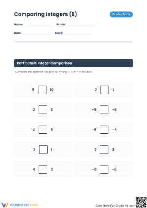Printable Grade 5 Math Comparing Integers Worksheet (B)