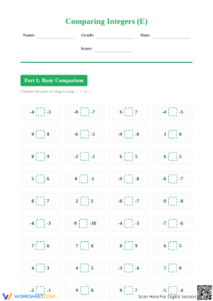Essential Grade 5 Comparing Integers Practice Worksheet