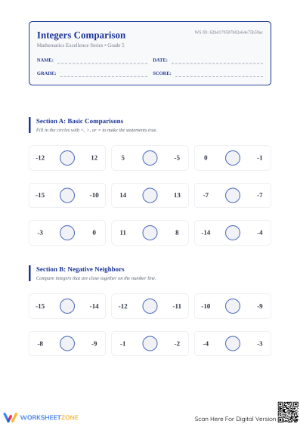 Comparing Integers Worksheet | Essential Grade 5 Math
