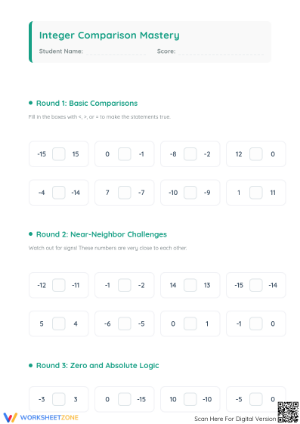 Printable Grade 5 Integer Comparison Mastery Worksheet