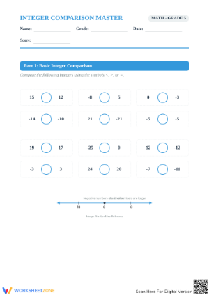 Printable Integer Comparison Worksheet | Grade 5 Math Master