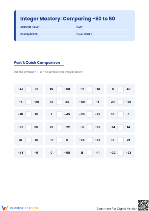 Essential Integers Comparison Worksheet | Grade 5 Math