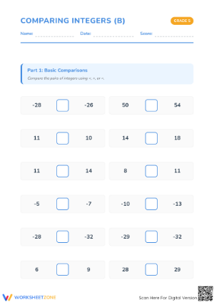 Essential Comparing Integers Worksheet | Grade 5 Math