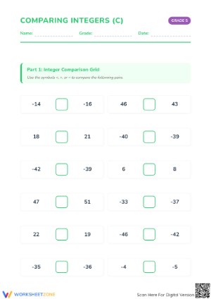 Essential Comparing Integers Worksheet | Grade 5 Math