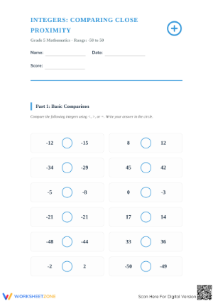 Printable Grade 5 Integers Comparison Worksheet: -50 to 50