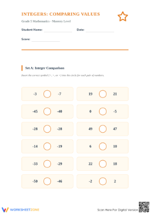 Printable Comparing Integers Worksheet | Grade 5 Mastery