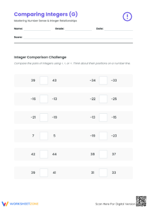 Printable Comparing Integers Worksheet | Grade 5 Math