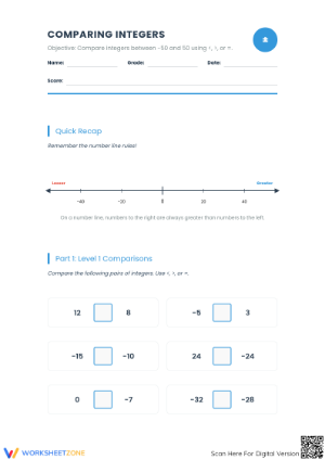 Essential Comparing Integers Worksheet | Grade 5 Math
