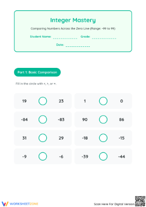 Printable Integer Comparison Worksheet | Grade 5 Math