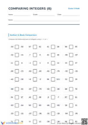 Essential Comparing Integers Worksheet | Grade 5 Math
