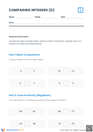Printable Comparing Integers Worksheet | Grade 5 Math