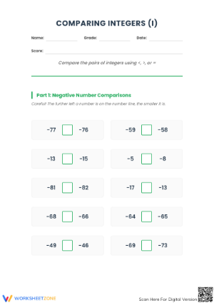 Essential Integers Comparison Worksheet | Grade 5 Math