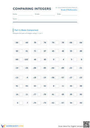 Essential Comparing Integers Worksheet | Grade 5 Math