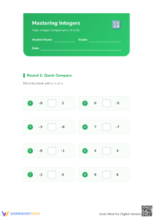 Essential Integers Comparing Worksheet | Grade 5 Math