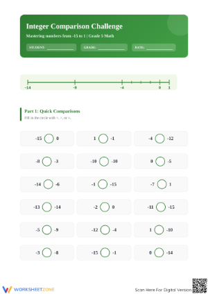 Printable Integer Comparison Worksheet | Grade 5 Math