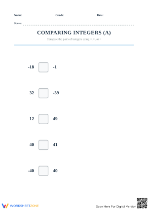 Printable Comparing Integers Worksheet | Grade 5 Math