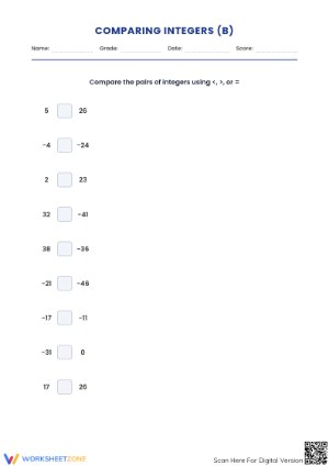 Printable Comparing Integers Worksheet | Grade 5 Math