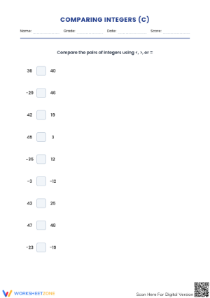 Printable Comparing Integers Worksheet | Grade 5 Math