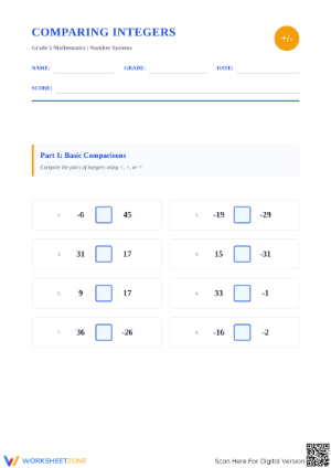 Essential Grade 5 Comparing Integers Worksheet (-50 to 50)
