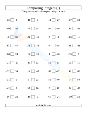 Integers comparing from -50 to 50 (10)