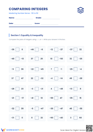 Essential Grade 5 Comparing Integers Worksheet | -50 to 50