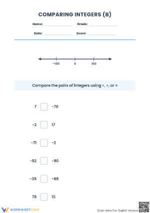 Essential Comparing Integers Worksheet | Grade 5 Printable