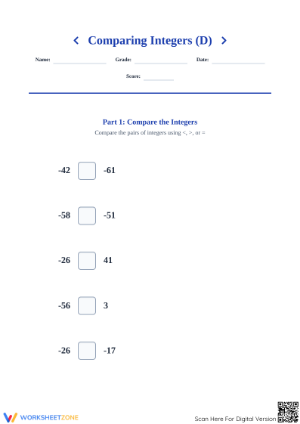 Essential Comparing Integers Worksheet | Grade 5 Math Ready