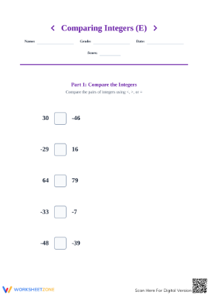 Printable Grade 5 Comparing Integers Worksheet - -99 to 99